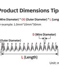 Check Out 50 Pcs Micro Compression Spring Kit With Premium Steel Construction For Durable Repair Jobs Featuring Tiny 0.5 To 0.7mm Wire And Sizes From 4 To 12Mm Outer Diameter Plus Lengths Ranging 5 To 50Mm For Tough Cycles. Product dimensions chart for micro compression spring: wire diameter, OD, and length in mm.