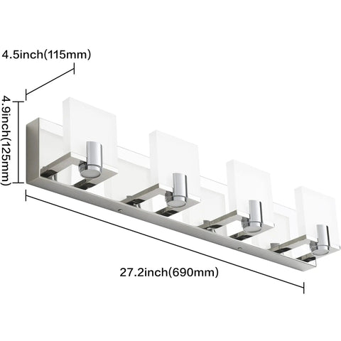 4 Light Sleek Modern Chrome LED Vanity Light Bar For Bathroom Wall Mount, 27.2 inch long, dimensions detail view