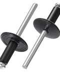 Dead Set Heavy Duty Black Aluminum Pop Rivets 3/16 X 1/2 Inch Large Cap Open End Design showing two rivets with black caps.