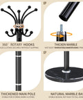 Heavy Duty Metal Coat Rack Stand With Marble Base Freestanding Hall Tree With 360 Degree Rotating Hooks 16 Hook Black Entryway Organizer showcasing hooks, pole, and base.