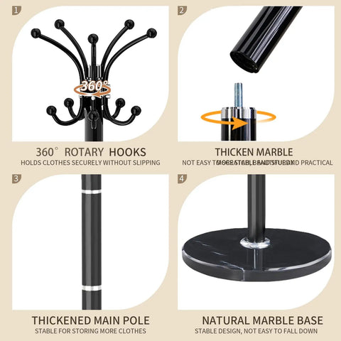 Heavy Duty Metal Coat Rack Stand With Marble Base Freestanding Hall Tree With 360 Degree Rotating Hooks 16 Hook Black Entryway Organizer showcasing hooks, pole, and base.