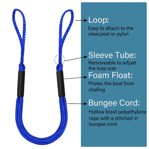 4 Pack Boat Bungee Dock Lines 4 To 5 Point 5 Ft With Loop Elastic Mooring Ropes, blue cord with foam float and sleeve tube