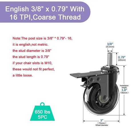Technical diagram of Set Of Five Heavy Duty Three Inch Swivel Caster Wheels With Three Eighths Inch UNC Threaded Stem, dual brakes, 650 lbs load