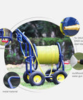 Built Like A Tank Heavy Duty Garden Hose Cart With Spray Gun, all steel hand push reel with yellow hose and comfort rocker.