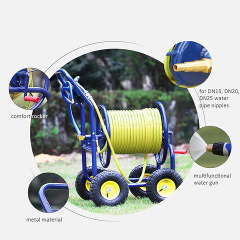 Built Like A Tank Heavy Duty Garden Hose Cart With Spray Gun, all steel hand push reel with yellow hose and comfort rocker.