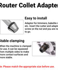 Close-up of Six Piece Router Collet Kit Set With Carbon Steel Chuck Adapters And Locknuts For Trimmer And Engraving Machines.
