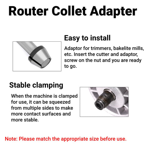 Close-up of Six Piece Router Collet Kit Set With Carbon Steel Chuck Adapters And Locknuts For Trimmer And Engraving Machines.