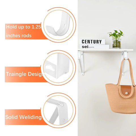 Kickass Heavy Duty Closet Shelf And Rod Brackets 10 Pack showing L shaped design, holding up to 1.25 inch rods, white finish.
