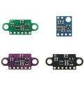 Four different colored circuit boards featuring Tight Build ToF Laser Rangefinder Module for Makers and Techies.