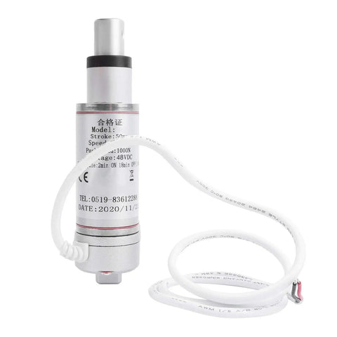 Heavy Duty Electric Linear Actuator Motor Delivering Smooth Silent Performance And Integrated Safety Stop Switch For Zero Hassle Telescopic Rod Glide At 48 Volt DC with attached wiring.