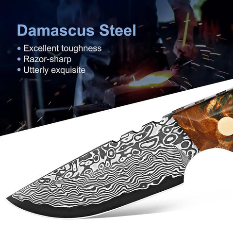 Close-up of Beast Damascus Steel Survival Knife With Leather Sheath Fixed Blade Hunting Skinner Knife showcasing Damascus pattern.