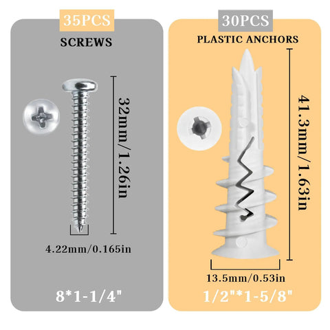 70 Piece Self Drilling Drywall Anchors Kit With Heavy Duty Galvanized Screws featuring 35 screws and 30 plastic anchors.
