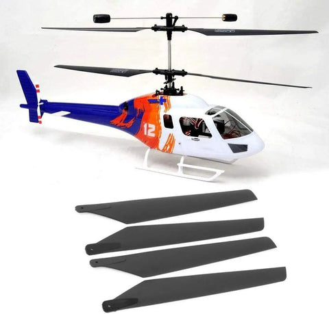 Pro Grade Carbon Fiber Main Blades Set 4 Pack Black For LAMA V3 V4 And Walkera 5 To 8 RC Helicopters Replacement Parts shown with helicopter