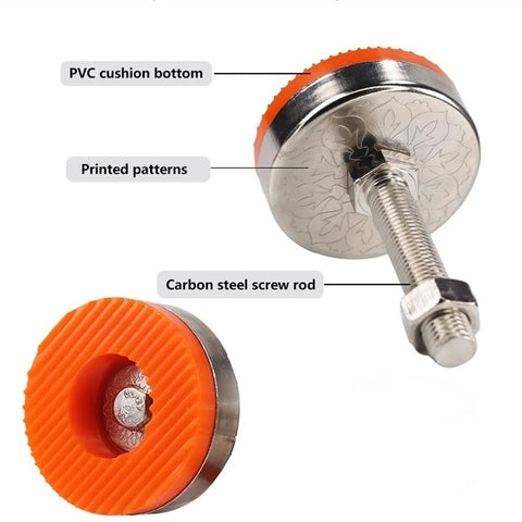 Rock Solid Heavy Duty Adjustable Leveling Feet 4 Pack Carbon Steel Screw Rods With Pvc Grip Pads Antislip showing PVC cushion bottom and carbon steel screw rod.