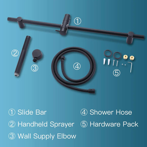 Round Hand Held Shower Head With 28 Inch Slide Bar Matte Black Shower Slide Bar Kit Featuring 304 Stainless Steel Bar parts overview