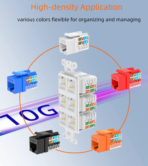 High-density RJ45 Keystone Jack Cat6 10G Ready Slim 90 Degree UTP Keystone Jacks in various colors for wall plate and patch panel.