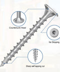 Top Shelf 410 Stainless Steel Deck Screws Number 8 X 1.5 Inch features countersunk head and sharp self tapping design.