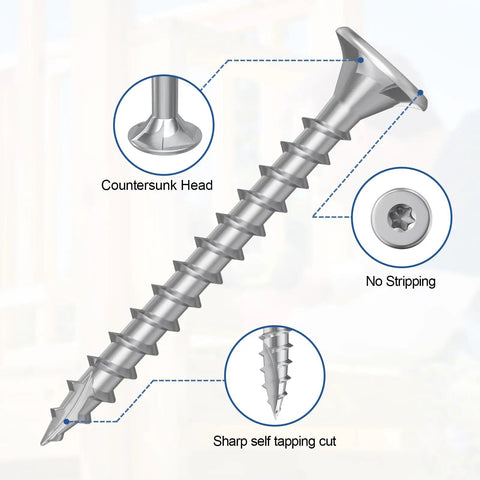 Top Shelf 410 Stainless Steel Deck Screws Number 8 X 1.5 Inch features countersunk head and sharp self tapping design.