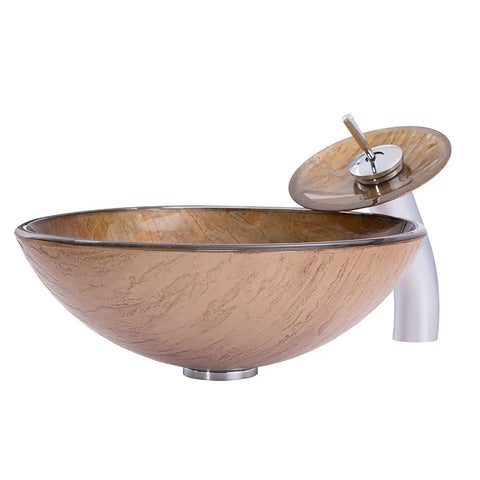 USZWBY Bathroom Vessel Sink Vanity Tempered Glass Vessel Bowl Sink Round Brown Countertop Sink Bowl Above Counter with Faucet