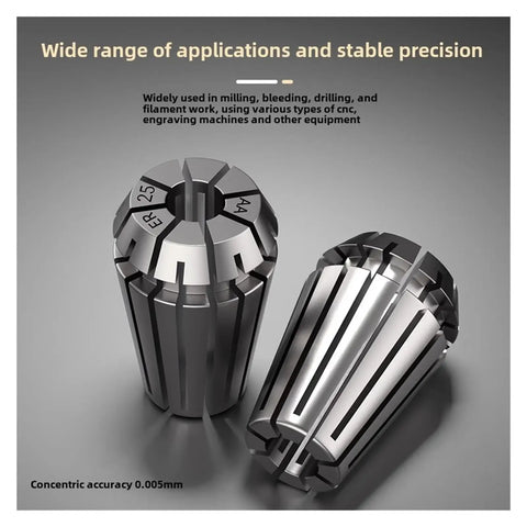 High Precision Spring Collet Chuck For CNC Milling Machine ER11 16 20 25 32 Sizes showing two chucks with concentric accuracy 0.005mm.