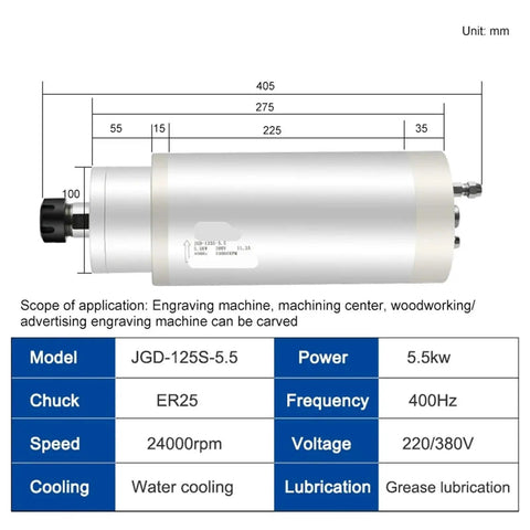 Knockout 5.5KW Water Cooled CNC Spindle Motor With ER25 Chuck 24000RPM dimensions and specifications for wood engraving and machining.