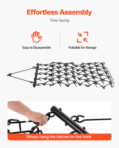 Drag Harrow For Tractor ATV And UTV Use Heavy Duty Chain Harrow With 69 Teeth 4 Ft By 4 Ft, shown disassembled and easy to assemble.