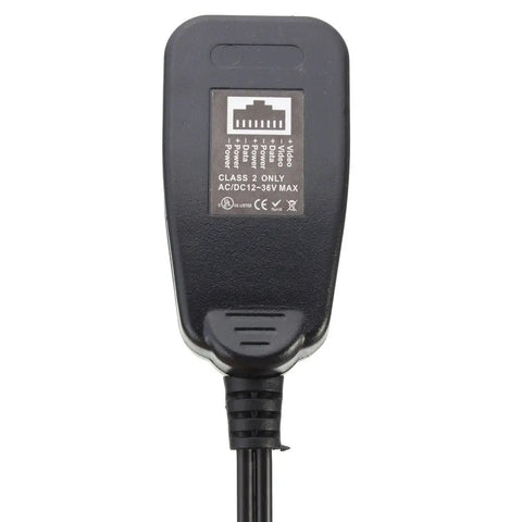 Back view of HD CVI TVI AHD Passive Video Balun Kit with power connector and RJ45 data transmitter for Cat5 cables.