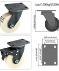 Heavy Duty 360 Degree Swivel Casters With Optional Brakes For Industrial Trolleys And Furniture Load Up To 900kg Per Set 4 5 6 8 Inch Wheels Steel Frame With Precision Ball Bearings Ideal For Heavy Transport And DIY Projects, showing detailed dimensions and brake mechanism