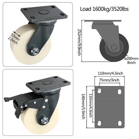 Heavy Duty 360 Degree Swivel Casters With Optional Brakes For Industrial Trolleys And Furniture Load Up To 900kg Per Set 4 5 6 8 Inch Wheels Steel Frame With Precision Ball Bearings Ideal For Heavy Transport And DIY Projects, showing detailed dimensions and brake mechanism