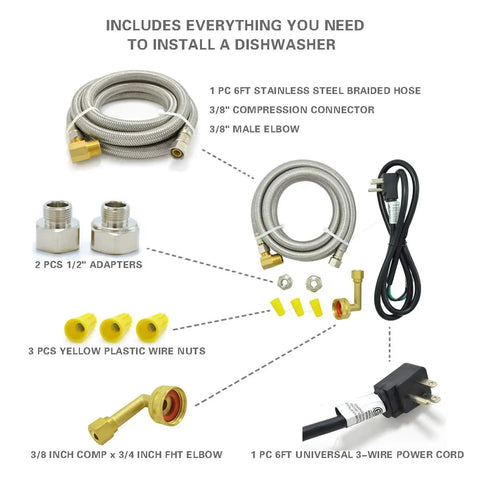 Universal Dishwasher Installation Kit With 6 Foot Stainless Steel Hose And Burst Proof Water Supply Line, 3/8 Inch Compression Connections