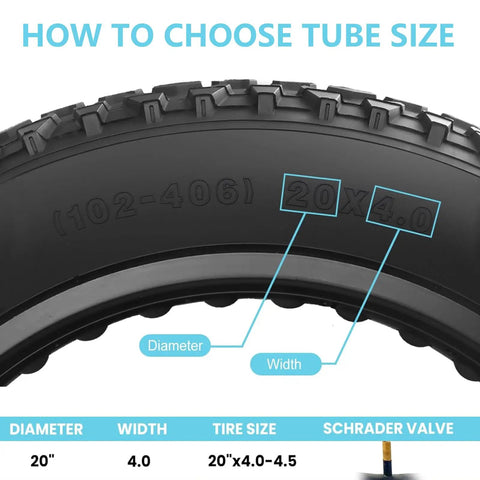 Tire showing how to choose tube size for 20X4.0 Bike Inner Tubes With Schrader Valve Butyl Rubber Replacement Tubes For 20 Inch E Bikes Road And Mountain Bikes Fits Most 20 Inch Tires And Electric Scooters Two Pack