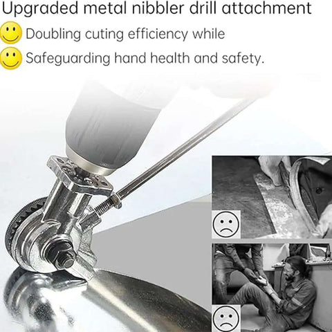 Two Pack Electric Drill Plate Cutter Attachment 2024 Upgraded Metal Sheet Nibbler in use, showcasing efficient and safe metal cutting