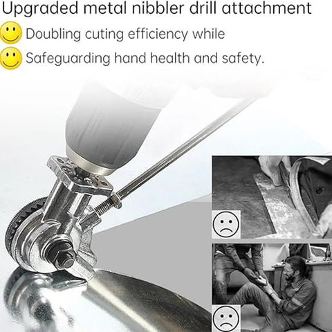 Heavy Duty Sheet Metal Cutter Drill Attachment for efficient cutting, showcasing upgraded nibbler drill attachment on metal.