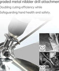 Heavy Duty Metal Cutter For Electric Drill Cutting Steel Plate Iron Aluminum Copper Sheet Metal Shear Tool, close-up of nibbler attachment.