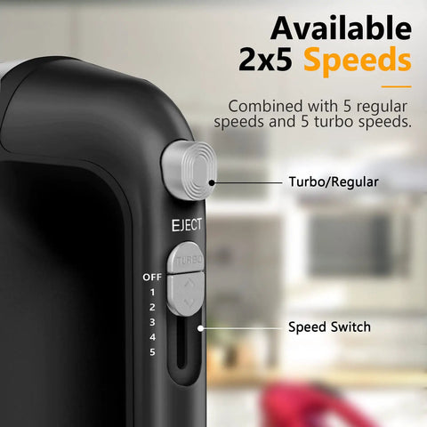No Sweat Electric Hand Mixer With Gutsy 450W Motor and Handy Scale Cup Storage Case showing speed control settings in sleek black.