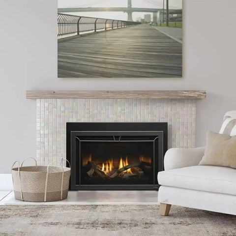 Living room fireplace with Rainbow Peel And Stick Glass Tile Backsplash Kit For Kitchen And Bathroom, 40 Sheets Of 6.6 Inch By 6.6 Inch.