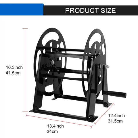 RV Extension Cord Reel Stand Up To 200 Feet Of 15A 12 3 AWG Heavy Duty Metal Reel Frame With Foldable Handle shown with dimensions