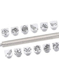 12-piece stamping punch tool set for leather crafting, showing zinc alloy punches with plant and animal patterns.