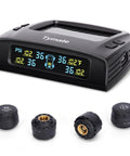 RV Tire Pressure Monitoring System TPMS Set Of 4 Sensors With Six Alarm Modes Easy Setup High And Low Pressure Alerts High Temperature Warnings And Sensor Low Voltage Or Signal Loss Alerts For Road Ready Peace Of Mind. Solar-powered black monitor and 4 sensors.