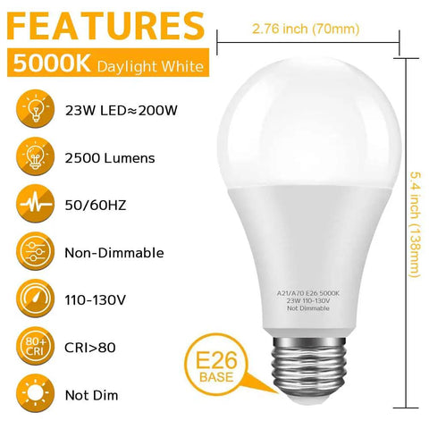 Massive Energy Savings 23W A21 LED Bulb Replacing 150 to 200W Incandescent, 5000K Daylight White E26 Base, Not Dimmable
