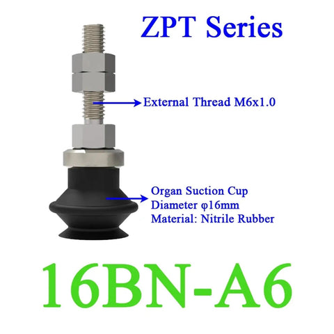 Industrial ZPT Series NBR Vacuum Suction Cup For Pneumatic External Thread Manipulator Gripper with M6 thread and 16mm diameter.