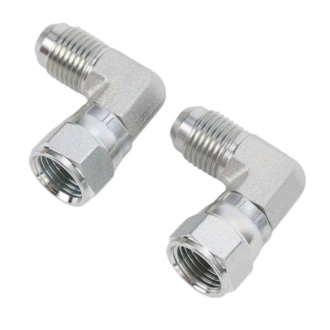 Heavy Duty 3/8 Inch 90 Degree Hydraulic Adapter Fitting Carbon Steel Precision 37 Degree Flare Male Female Thread SAE J514 Compliant Rotating Connection For Pro Mechanics And Car Guys Seeking Reliable Leak Free Operation With Durable Metal Built Tough, shown in two angles