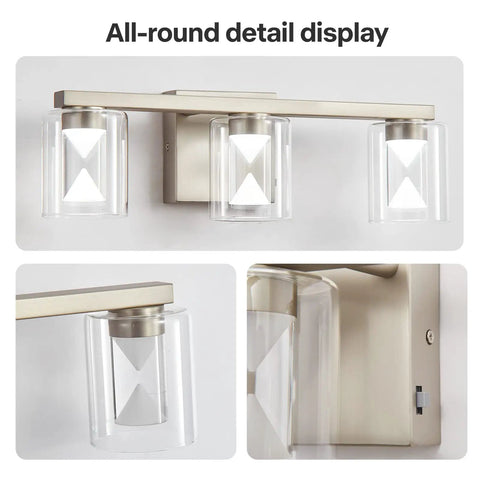 Dimmable 3 Light Bathroom Vanity Light Over Mirror with adjustable LED fixtures, sleek modern brushed nickel and HD glass shades.