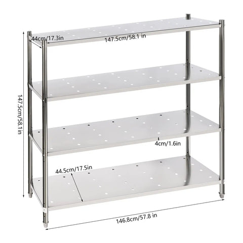 Heavy Duty Stainless Steel Four Tier Adjustable Pantry Shelf Rock Solid Freestanding Metal Storage Rack dimensions and details