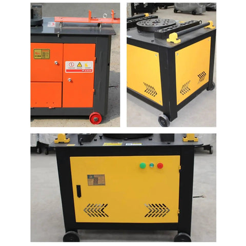 Heavy Duty Industrial Grade Portable Rebar Bender Tool Rugged Steel Rod Bending Machine with wheels and control panel.