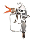 Pro Grade 3000 Psi Airless Spray Gun For Fast, Smooth Coats with silver finish and ergonomic handle, close-up side view.