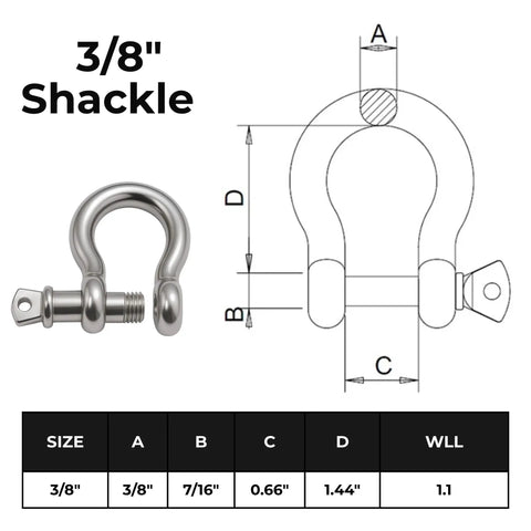 316 Stainless Steel Bow Shackle With Oversized Screw Pin For Anchor And Tow Recovery Off Road Use 3/8 Inch Size With 7/16 Inch Pin
