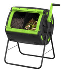 Dual Compartment 48 Gallon Compost Tumbler With Easy Turning Geared Design For No Fuss Continuous Composting From Kitchen And Yard Waste To Feed Your Garden visible with handle and contents
