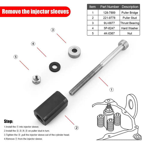 Pro Grade Injector Height Tool And Sleeve Remover Installer Set For CAT Caterpillar 3406E C15 C16 Engines components layout