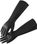 Heavy Duty Chemical Resistant Gloves For Tough Industrial Jobs And Stubborn Household Grime, Extra Large Black Latex Hand Savers on white background.